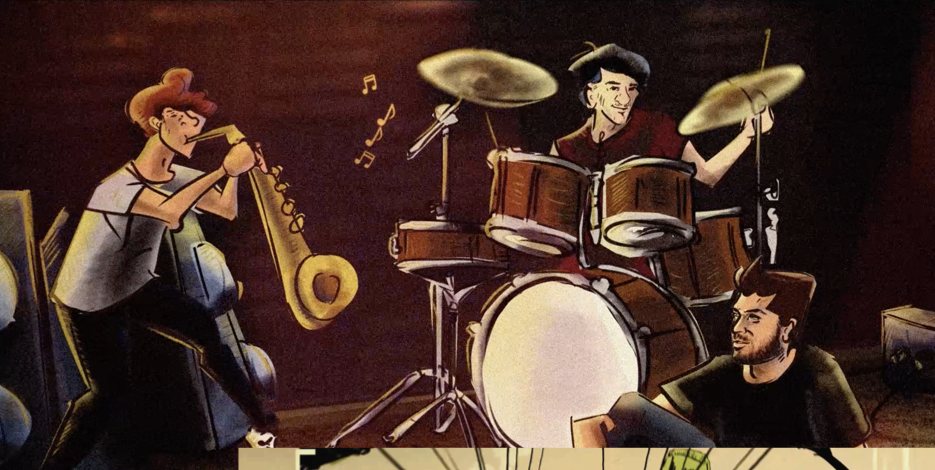 Animated band playing in a studio